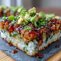 Crispy Rice Salad with Avocado and Spicy Tuna, a vibrant dish with creamy, crunchy textures.
