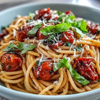 Cherry tomato confit pasta with garlic oil ready to be devoured.