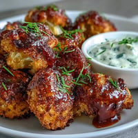 Crispy vegan BBQ cauliflower wings with creamy ranch dip for snacking.